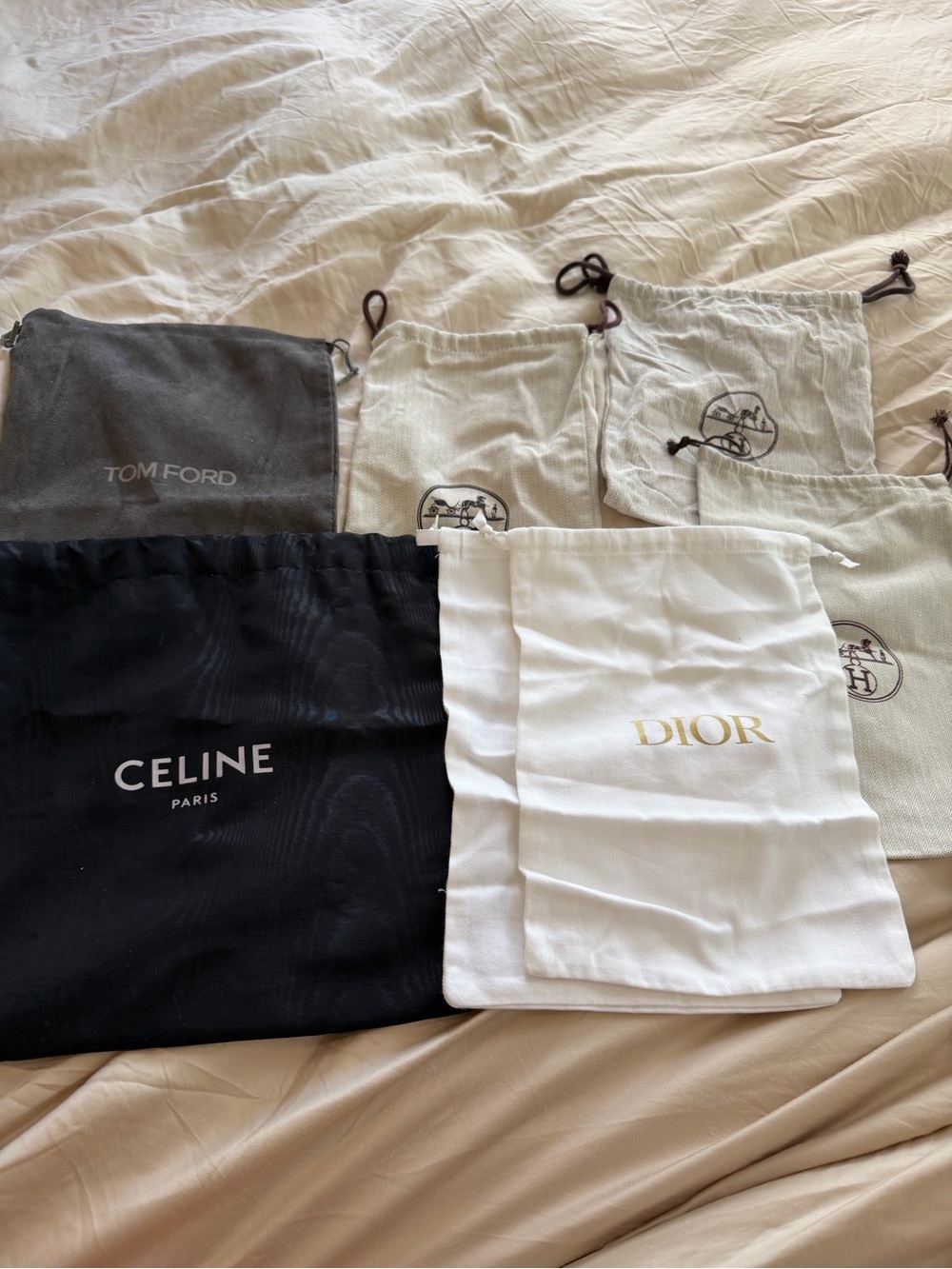 Hermes Small Logo Drawstring Dust Bags in Cream and Tan